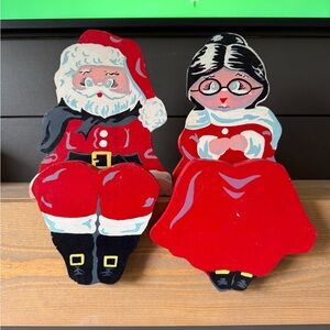 Vintage Santa and Mrs. Claus Wooden Figurines - Red and Black